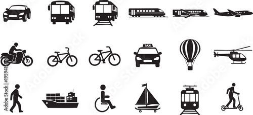 Black silhouettes of various transportation modes on white background vehicles signs symbols