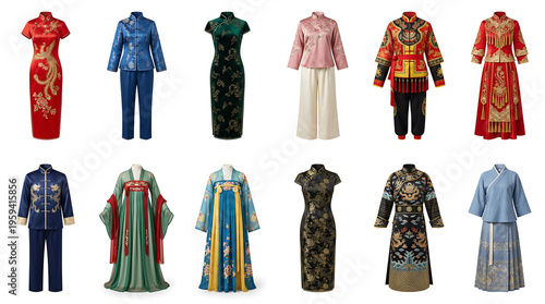 Collection of traditional Chinese clothing including Qipao, Hanfu, and Tang suits for cultural celebrations.