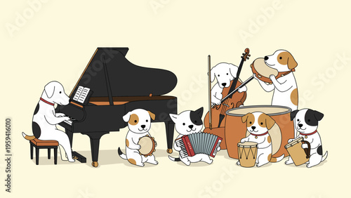 Group of adorable white puppies playing different musical instruments including a grand piano, drums, and an accordion together.