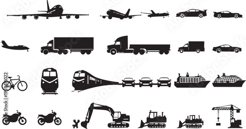 Black silhouettes of various transportation vehicles and construction machines airplanes