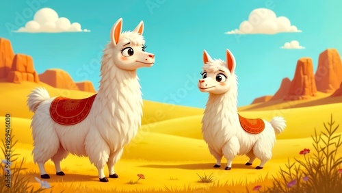 Cartoon illustration of desert scenery with camels