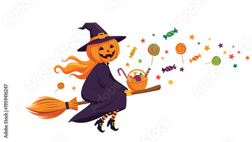 Happy witch with a pumpkin head flying on a broomstick while leaving a trail of colorful Halloween candies and stars.