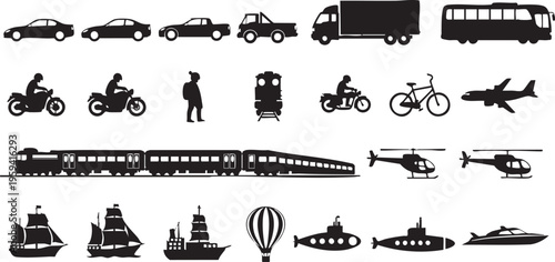 Black silhouettes of various transportation vehicles and modes
