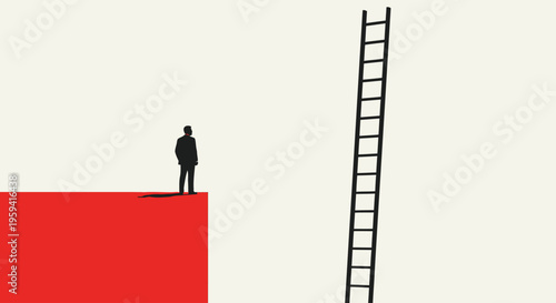A solitary figure stands before a vast chasm, contemplating a towering ladder on the other side, symbolizing an ambitious goal or a significant challenge that requires a new strategy