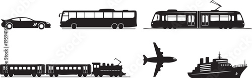 Black silhouettes of various transportation vehicles