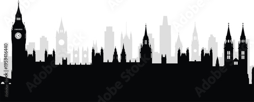 London city skyline silhouette with Big Ben, Palace of Westminster and modern skyscrapers, historic landmark architecture illustration design art, flat vector