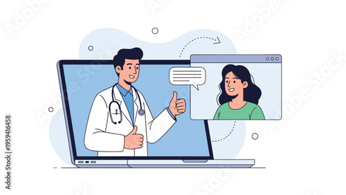 Male doctor on a laptop screen giving two thumbs up to a female patient during an online medical video consultation.