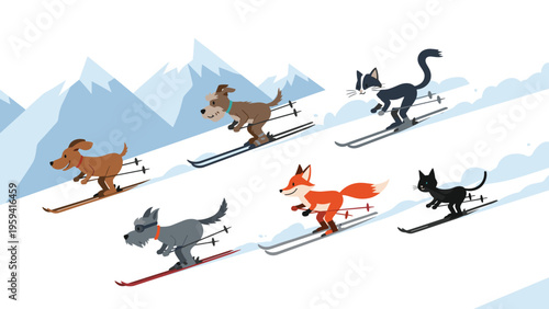 Fun group of animals including dogs, a cat, and a fox wearing goggles and skiing down a snowy mountain slope together.