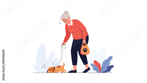 Tired elderly woman feeling exhausted while walking her small dog on a leash in an outdoor park setting with soft artistic bushes.