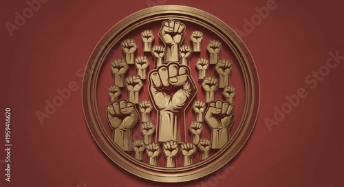 Revolutionary raised fist emblem in bronze, group of clenched fists inside circular frame, protest and solidarity symbol on red background