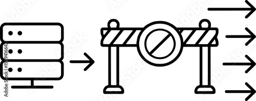 Minimal Line Art Illustration of Data Access Restriction. Server Data Flow Blocked by Firewall, Internet Security Barrier Preventing Information Access and Traffic.