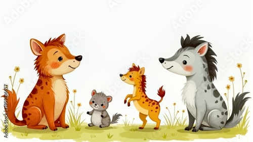 Illustration of various animals playing in the grassland