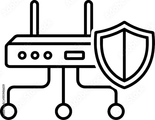 Minimalist Icon: Network Security Router with Shield - Secure Connectivity, Data Protection, and Digital Privacy Minimal Line Art Illustration