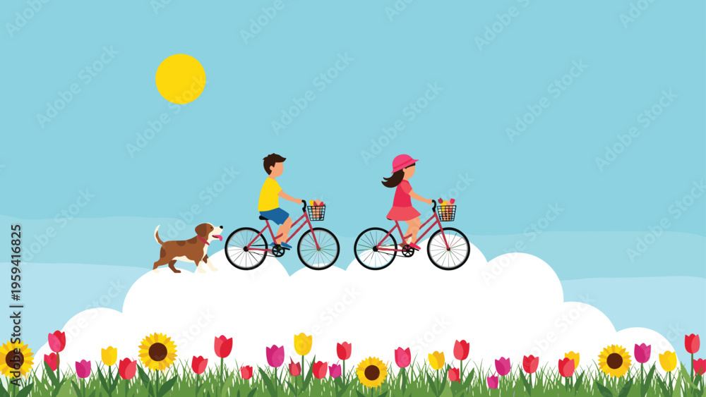 Naklejka premium Young boy and girl riding bicycles with flower baskets through a bright blue sky above fluffy white clouds and a field of tulips.