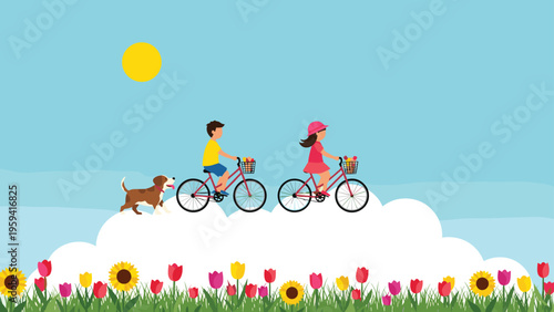 Young boy and girl riding bicycles with flower baskets through a bright blue sky above fluffy white clouds and a field of tulips.