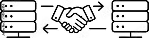Minimalist Icon of Data Partnership and Exchange. Line art illustration depicting a handshake between servers, symbolizing secure data transfer, agreement, and network connection.