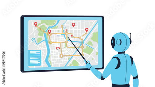 Advanced blue robot character using a pointer to show locations and navigation routes on a large digital touch screen city map.