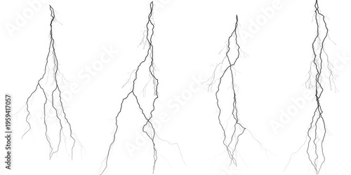lightning bolt electric discharge and thunder strike silhouettes isolated on white background