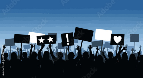 Silhouette of protesting crowd with placards and signs, group of people at a political rally or demonstration, blue gradient background with activists