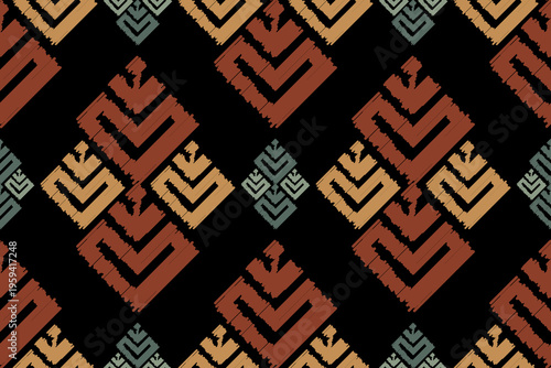 Bohemian Southwestern Vector Pattern, Abstract Hand-Drawn Diamond Ornaments in Earth Tones for Streetwear, Ethnic Style Seamless Background, Traditional Tribal Weave Style for Textiles, Fabric
