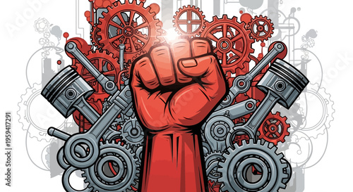 Industrial revolution fist, red clenched hand with mechanical gears and engine pistons, labor union power and manufacturing strength concept