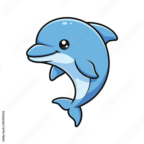 Cute Kawaii Blue Dolphin Vector Illustration Jumping with Sparkling Eyes