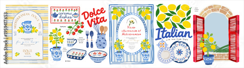 Mediterranean Italian Dolce Vita. Vector summer illustrations: lemon, blue ceramic dishes, pottery, window, invitation, Amalfi Coast, frame, border, background, cherry tomatoes, and plate for design a