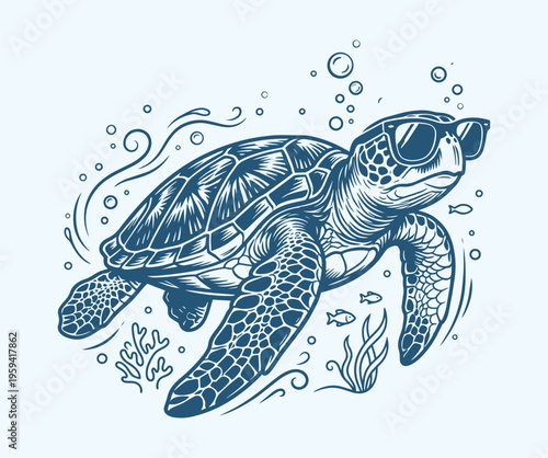 Sea Turtle Wearing Sunglasses Vector