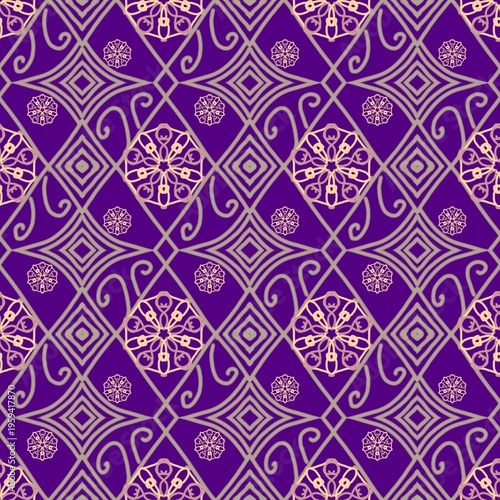 Luxury Purple and Gold Mandala Seamless Pattern with Geometric Ornaments