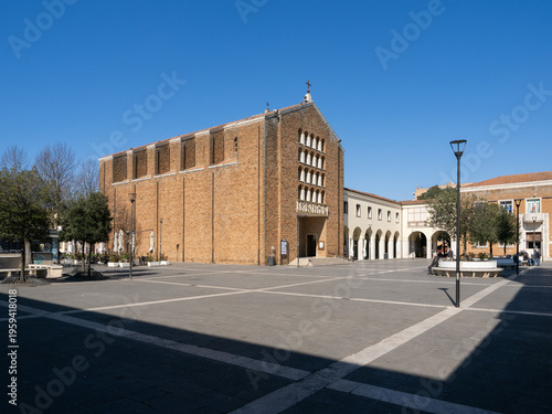 Chiesa di San Benedetto Abate,  church of the '30s in a rationalist architectural style in Piazza Indipendenza of Pomezia, Italy