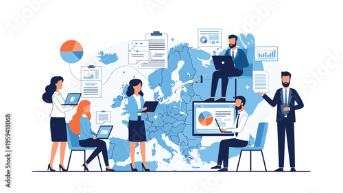 Collaborative team of diverse business people working on computers and analyzing data against a detailed map of the European continent.