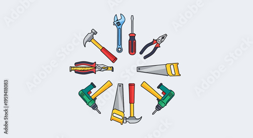 Hand tools collection arranged in a circle, construction equipment icons for home renovation, carpentry and diy repair tools on gray background