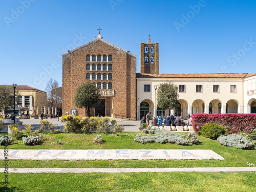 Chiesa di San Benedetto Abate,  church of the '30s in a rationalist architectural style in Piazza Indipendenza of Pomezia, Italy