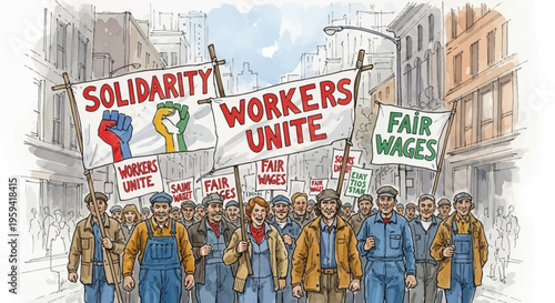 Vintage style labor strike illustration, workers unite protest with solidarity banners, group of laborers marching for fair wages in city street