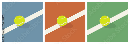 Set of tennis ball illustrations on different courts: blue, orange and green. Minimal flat vector style with soft shadows and clean lines. Modern sport collection for design and branding.
