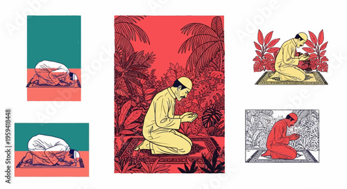 Vibrant digital artwork illustrating a person's contemplative prayer and profound spiritual journey amidst tropical flora, reflecting peace and devotion