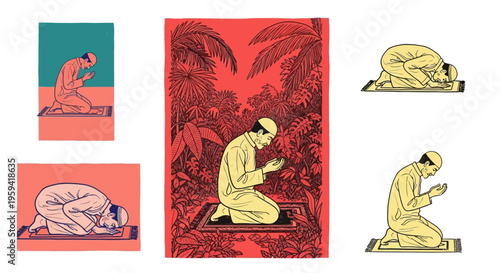 Illustrations depicting a Muslim man in prayer on a rug, set against diverse backdrops including abstract colors and lush foliage
