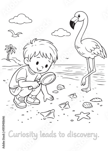 coloring book page boy using a magnifying glass to discover tiny beach treasures near a flamingo
