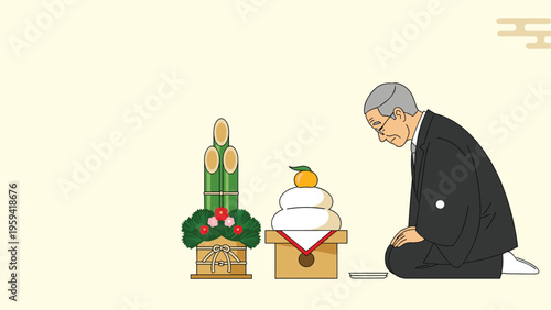 Respectful elderly man in traditional Japanese clothing bowing before a new year decoration with kadomatsu and kagami mochi.