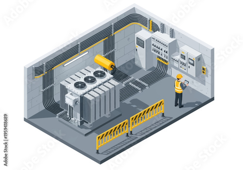 Industrial electrical transformer substation with safety barriers and technician in isometric view