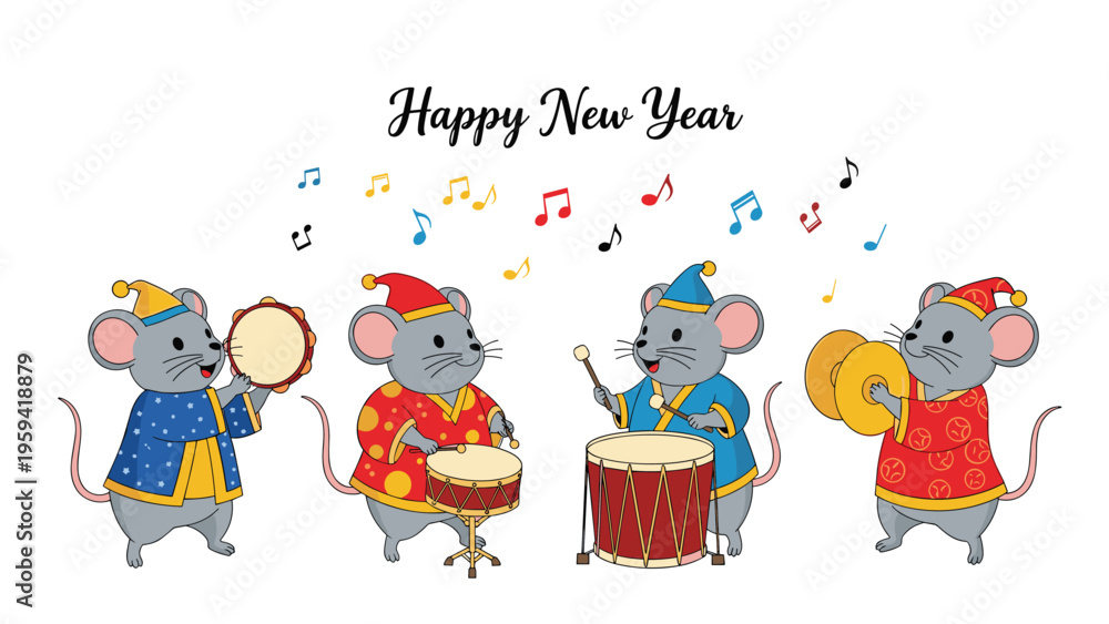 Fototapeta premium Group of cute mice in festive hats and colorful clothes playing traditional drums and cymbals for Happy New Year celebration.