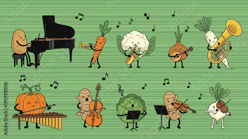 Ensemble of various cute anthropomorphic vegetables playing different musical instruments on a green striped background.