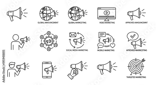 Digital marketing and communication icons megaphone, globe, social media, mobile, targeted ads, and news distribution