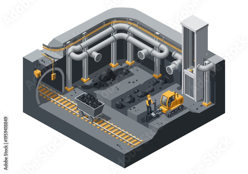 Underground industrial mining facility with coal, equipment and workers in isometric view