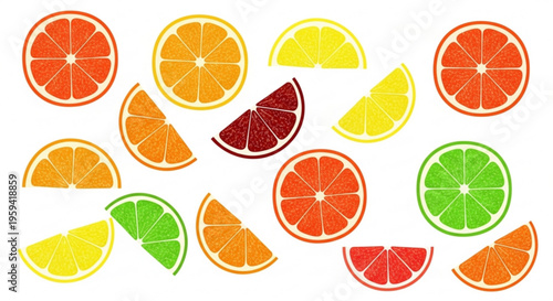 Assorted citrus fruit slices in vibrant colors on white background for healthy eating and nutrition concepts