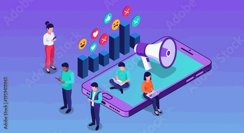 Digital marketing strategy with social media icons and people interacting with devices for business growth and engagement