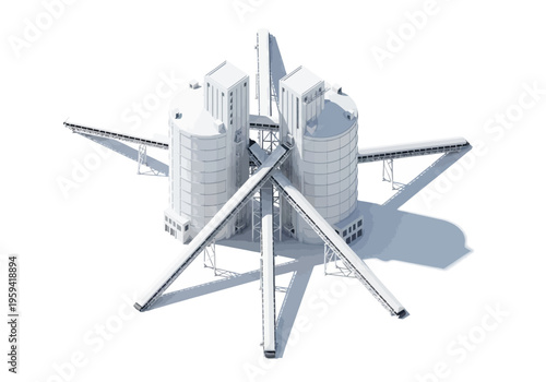 Industrial grain storage silos and conveyor systems, architectural design illustration