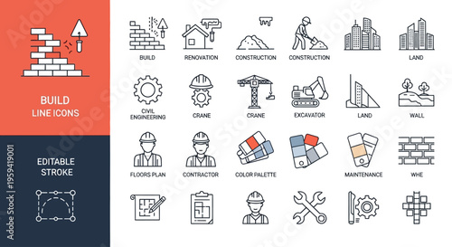 Editable Line Icons for Construction, Architecture, and Building Projects with Scalable Vector Graphics
