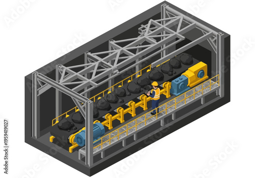 Industrial conveyor belt system with a worker overseeing operation within a covered structure