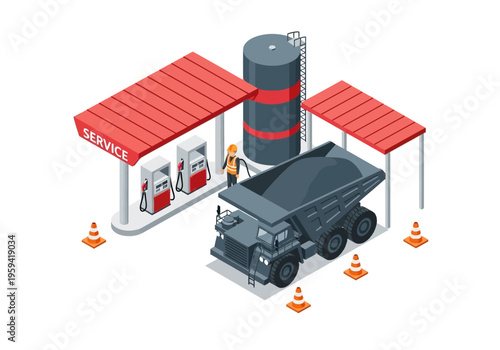 Heavy duty dump truck at a service station with gas pumps and fuel storage tank, isometric view